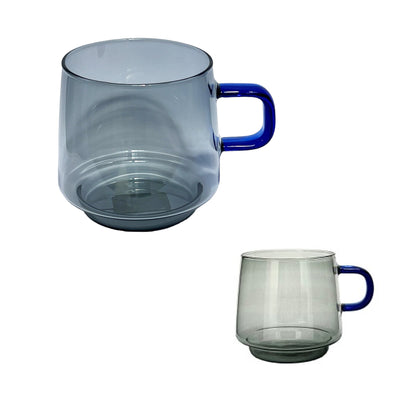 Smoky Grey clear glass with Blue glass handle tea coffee mug 300ml