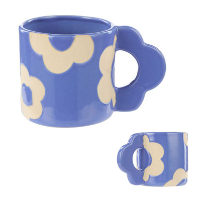 Posy tea coffee mug blue with cream flowers 400ml with flower handle