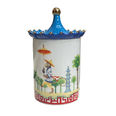 Ornate Chinese Tea cup or tea bag storage canister Proud Monkey Design Blue and Gold 300ml