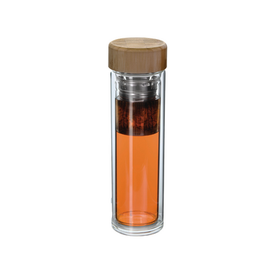 Insulated Double Walled Glass Tea Flask with Infuser & Wooden Lid 450ml 